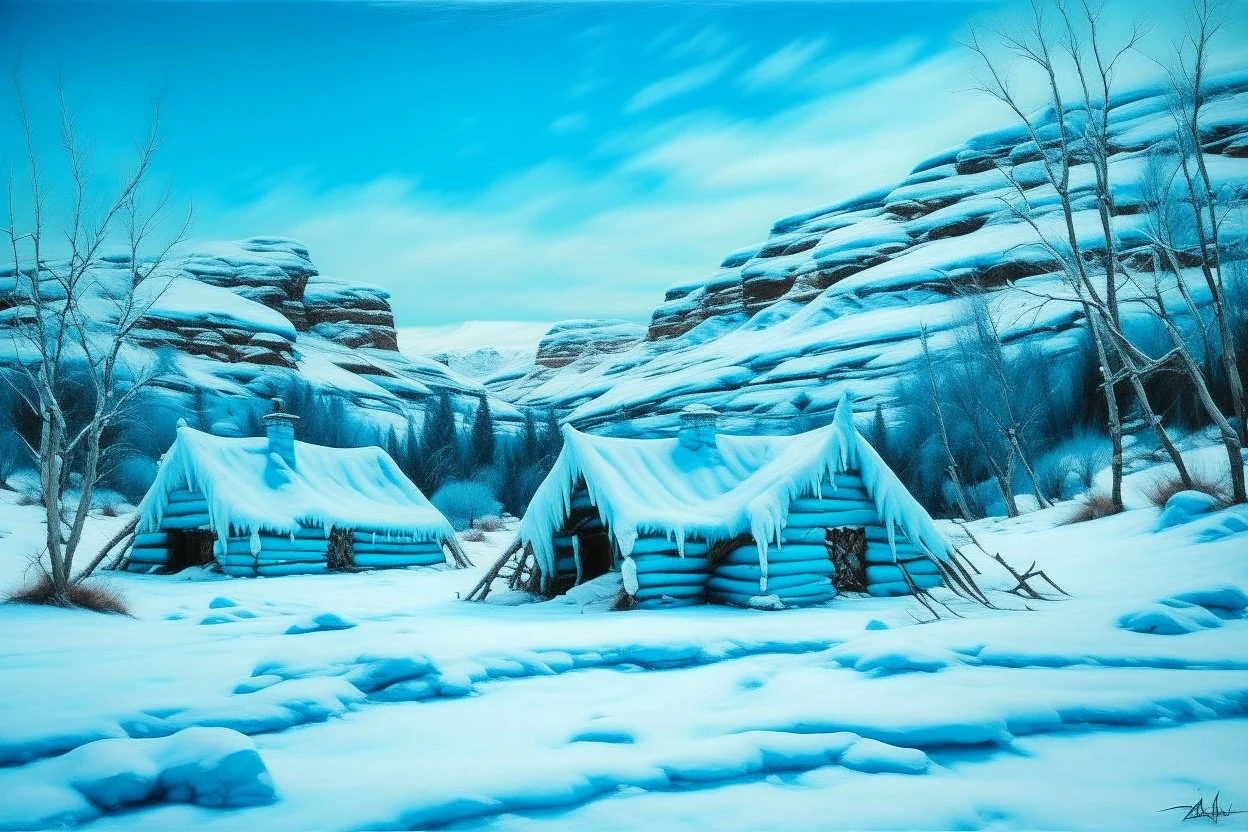 A cyan freezing snowfield with a cozy cabin designed in Navajo baskets painted by Alan Sorrell