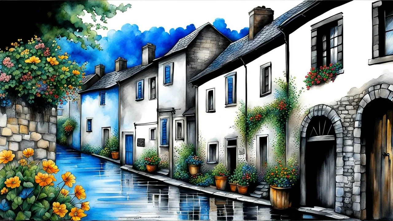 The ink was art, black and white colors with blue and silver watercolors, splash art, fine details with graphics, old vintage village in summer rain, cobblestone street, bushes, trees, flowers, the passing of time, the atmosphere of the good old days floats around, calm and quiet serene, dim lights, highly detailed, intricate, masterpiece