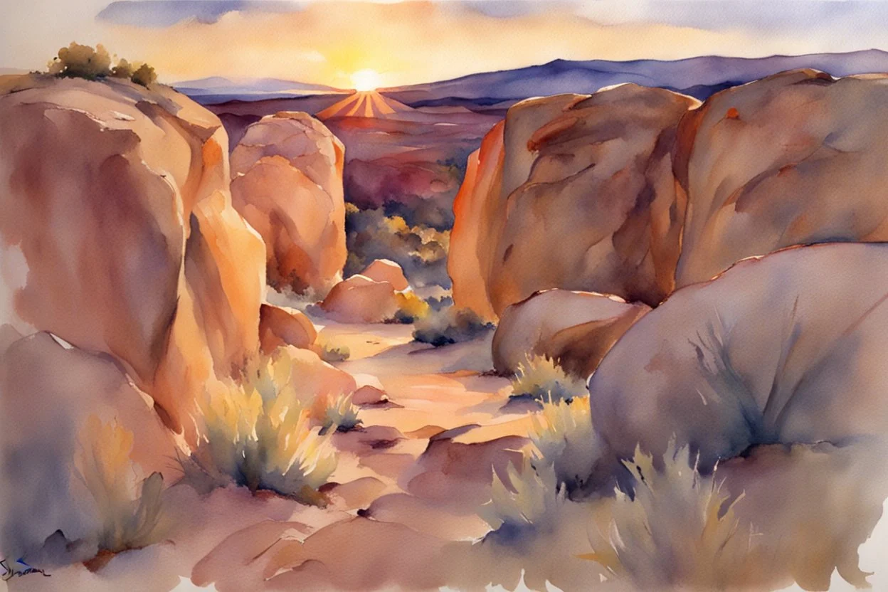 Sunset, rocks, mountains, rocky land, epic, john singer sargent watercolor paintings