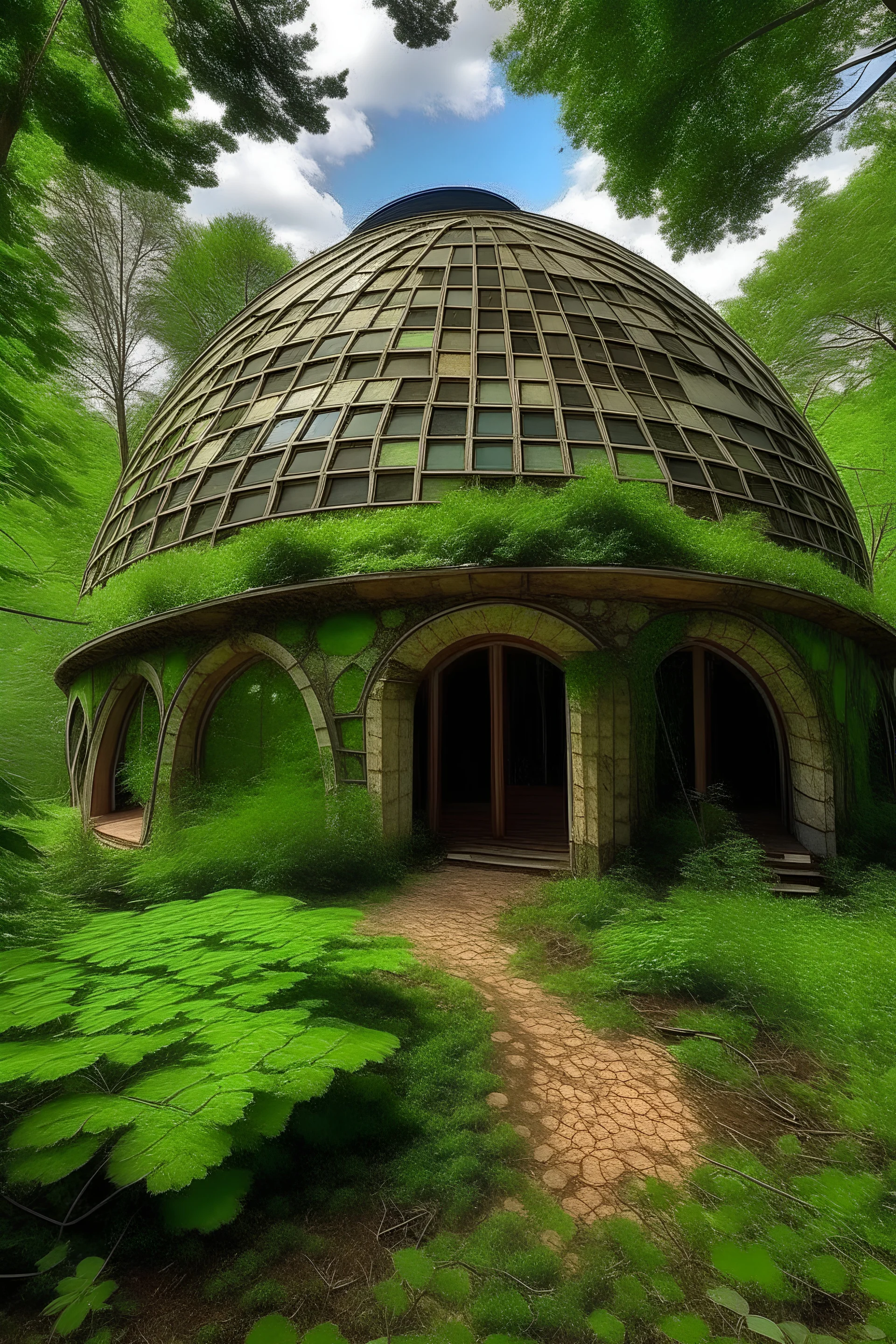 extremely detailed organic dome home nestled in a lush green forest edge