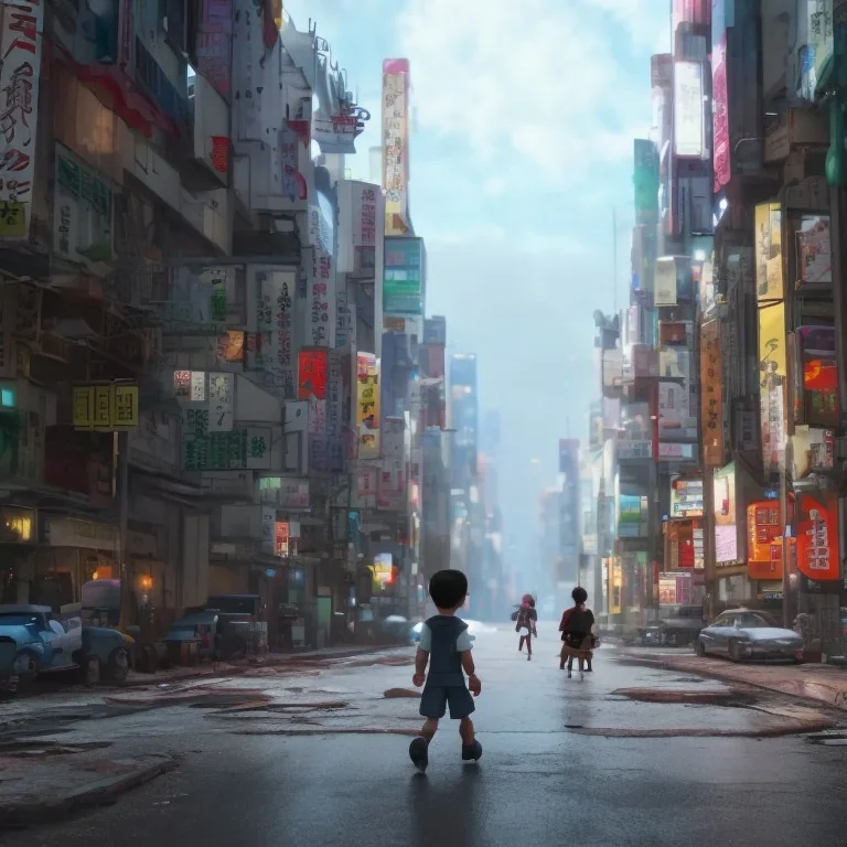 A young boy walking streets of megacities, tokyo post apocalyptic