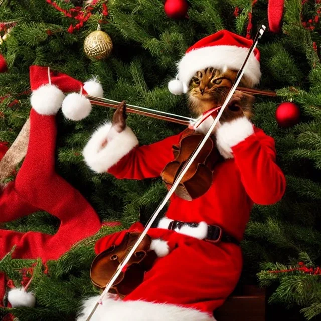 Christmas cat playing violin in front of Christmas tree