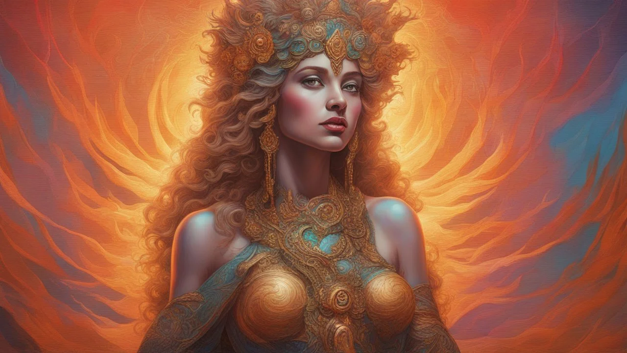 The beautiful goddess of intens love. concept art, mid shot, intricately detailed, color depth, dramatic, 2/3 face angle, side light, colorful background. Painted by Gerald Bloom