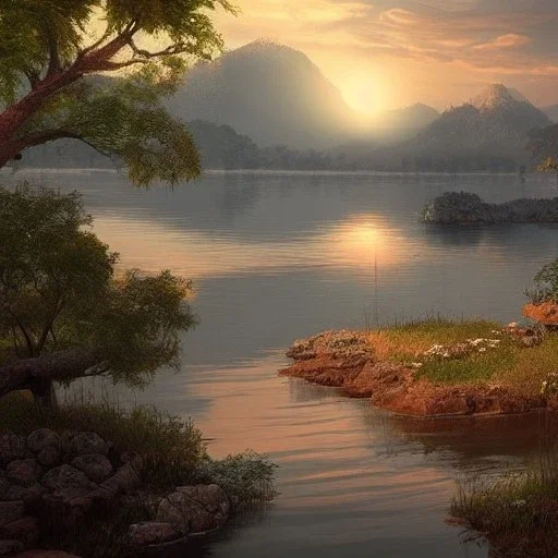 highly detailed indian lake landscape, sunset, illustration, cinematic lighting, 4k, 8k, octane render, digital concept art, trending on artstation, pinterest, extremely detailed, ambient lighting.