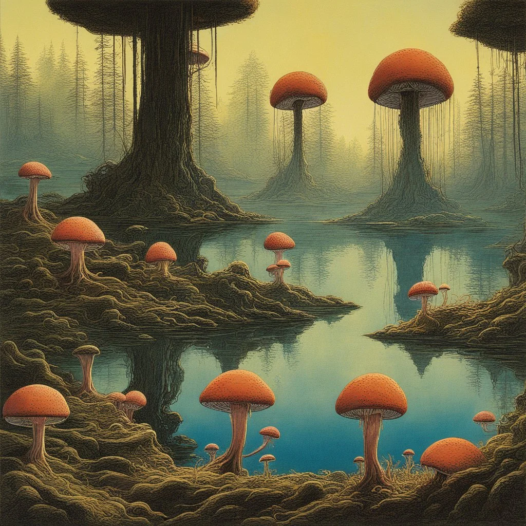 looking out over a lake, in an alien forest, flying mushrooms with jellyfish tenacles formed into gnarled trunks, Roger Dean