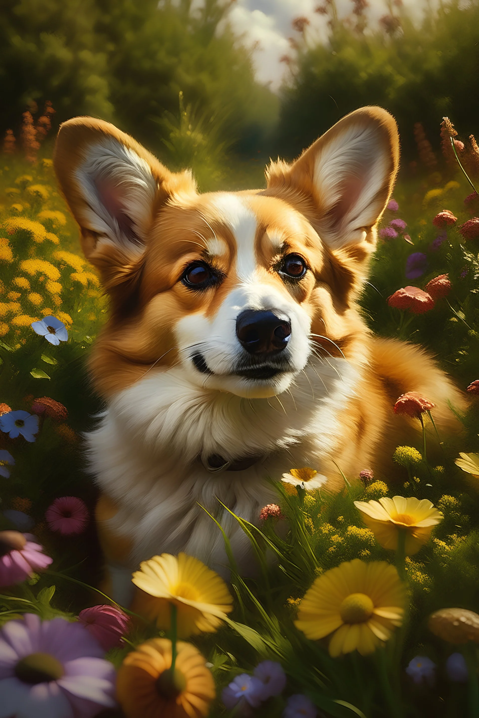 A hyper-realistic corgi in a field of flowers by yana movchan