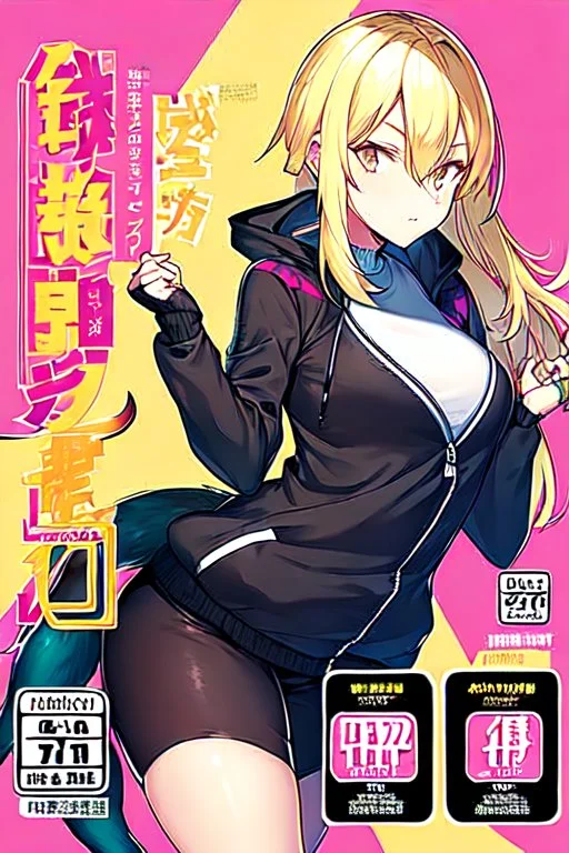 blonde girl with hair with tails waring jacket, line arts, manga cover