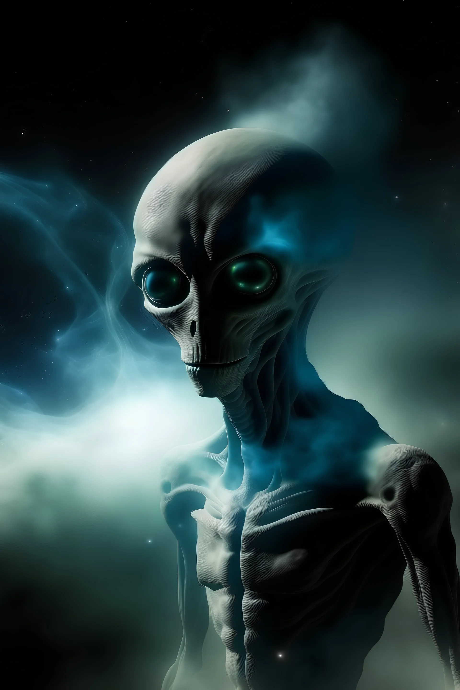 a mysterious alien in space composed of nuclear and surrounded smoke