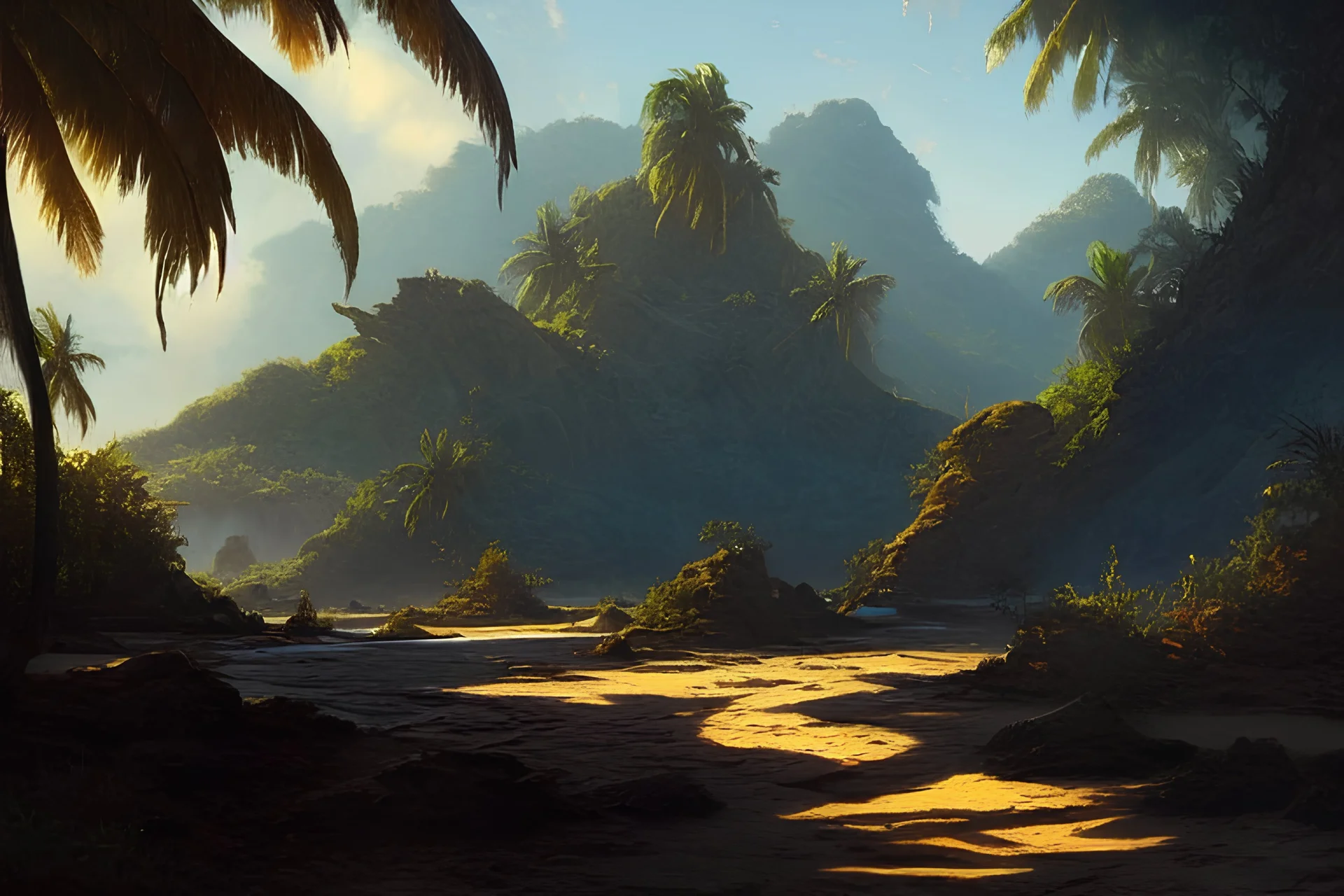 intricate details greg rutkowski style tom Asher Brown Durand style style fantasy tropical island