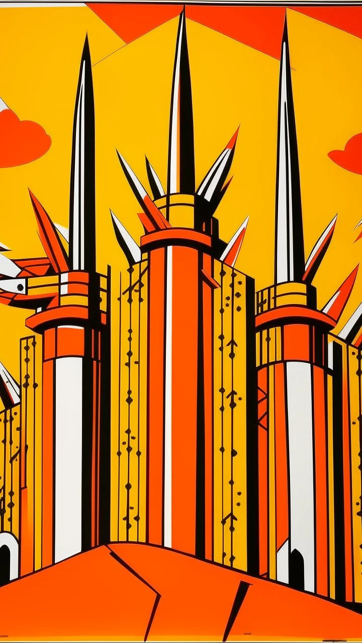 An orange colored fortress with swords painted by Roy Lichtenstein