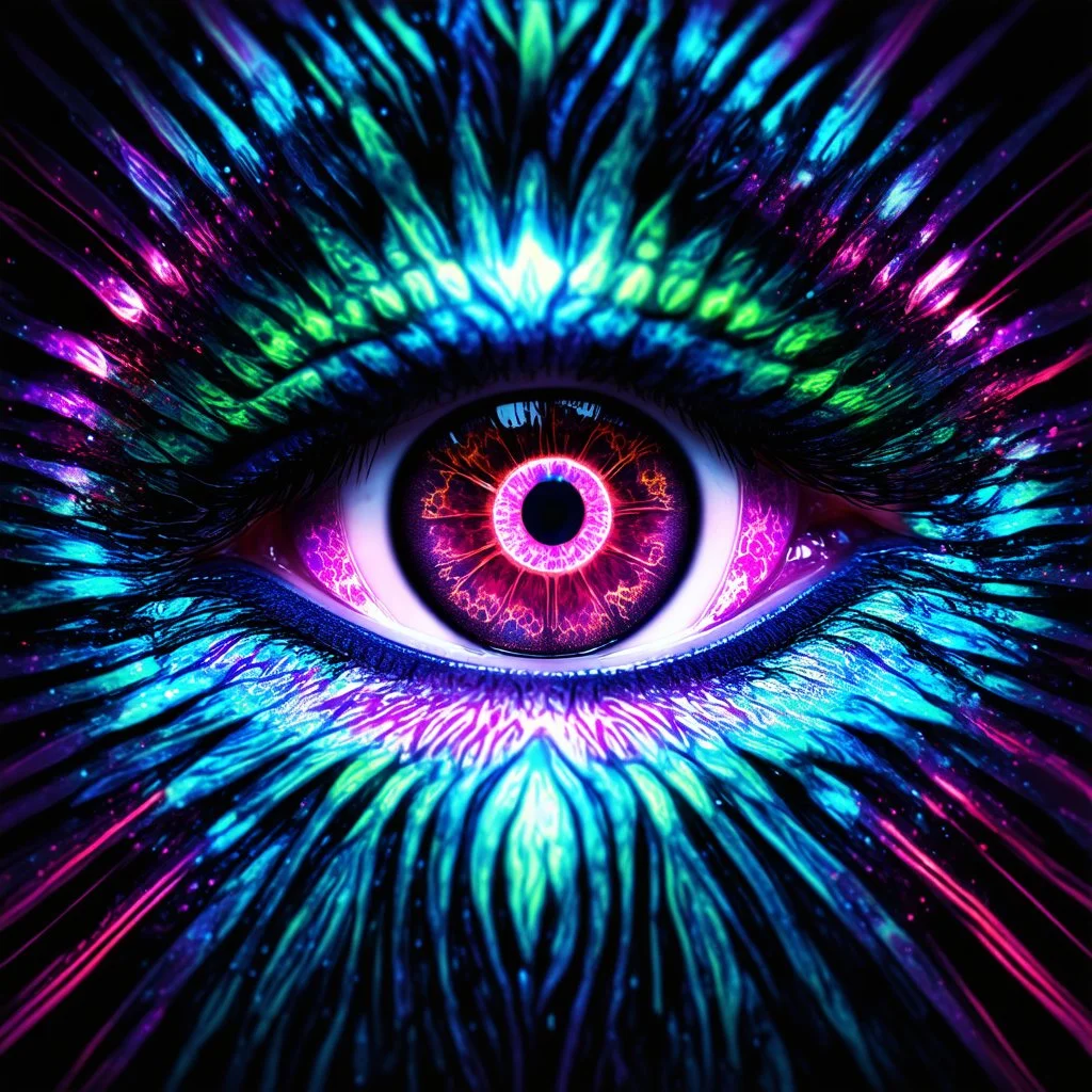 Close-up of mystical eyes, neon glow, intricate iris patterns, digital art style