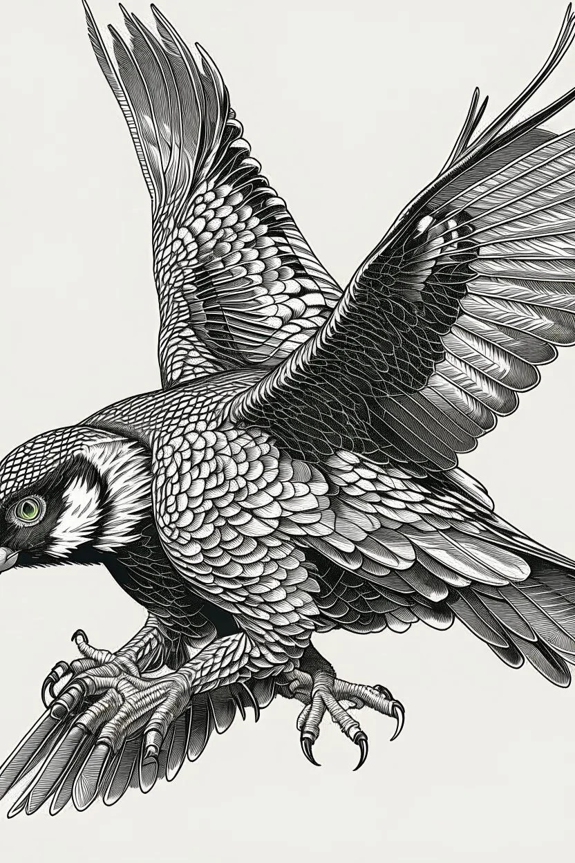 "Create an AI line art piece featuring the Peregrine Falcon, one of nature's fastest and most agile predators. Capture the bird in flight, showcasing its incredible speed and grace. Highlight the intricate details of its feathers and the intensity in its eyes, embodying the essence of this magnificent raptor."