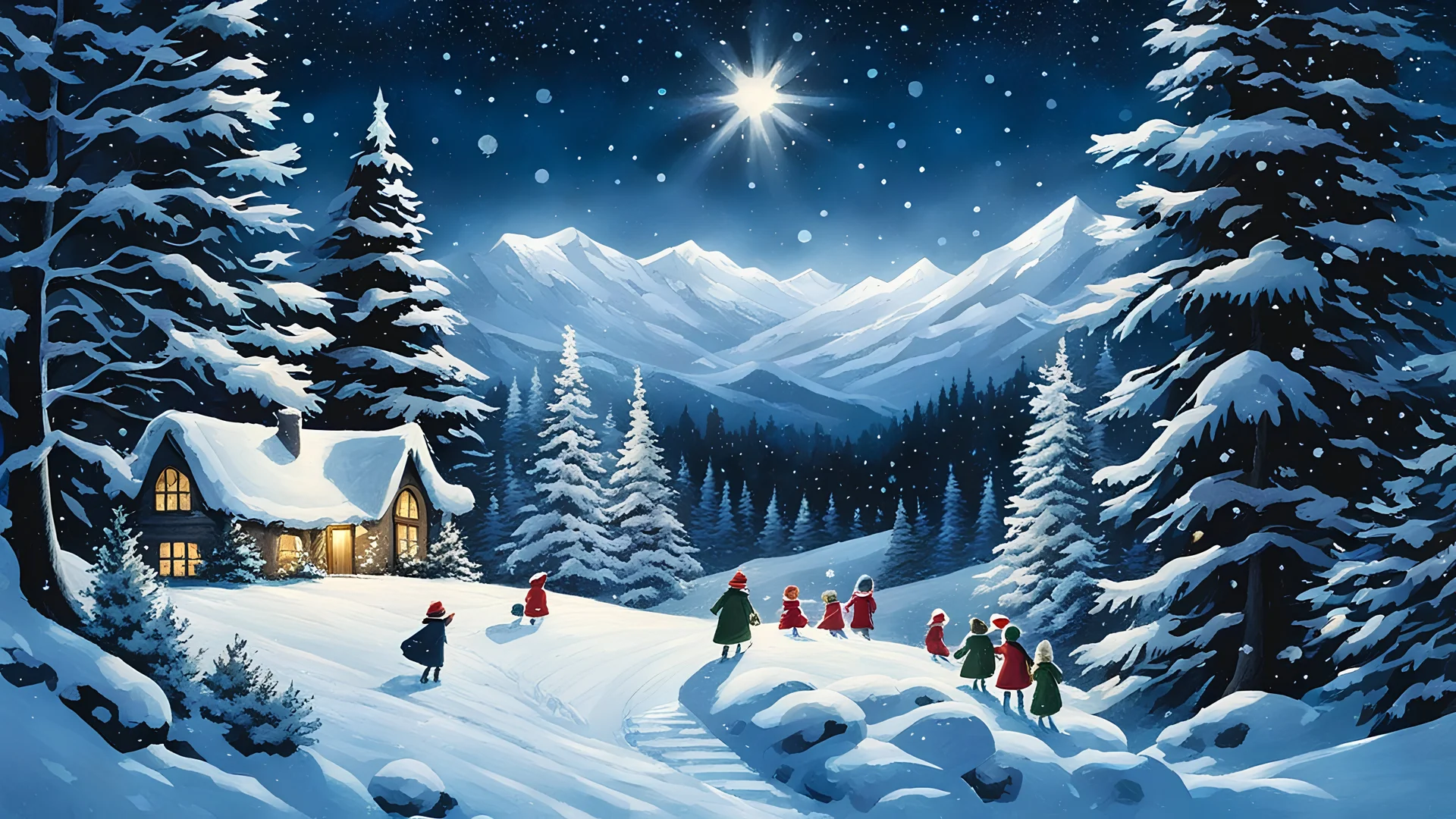 On a background shading from dark blue at the top to white at the bottom, a Christmas scene with a starlit sky and snow laden trees and children playing in the snow, while in the foreground the elves are hiding presents behind some low bushes.