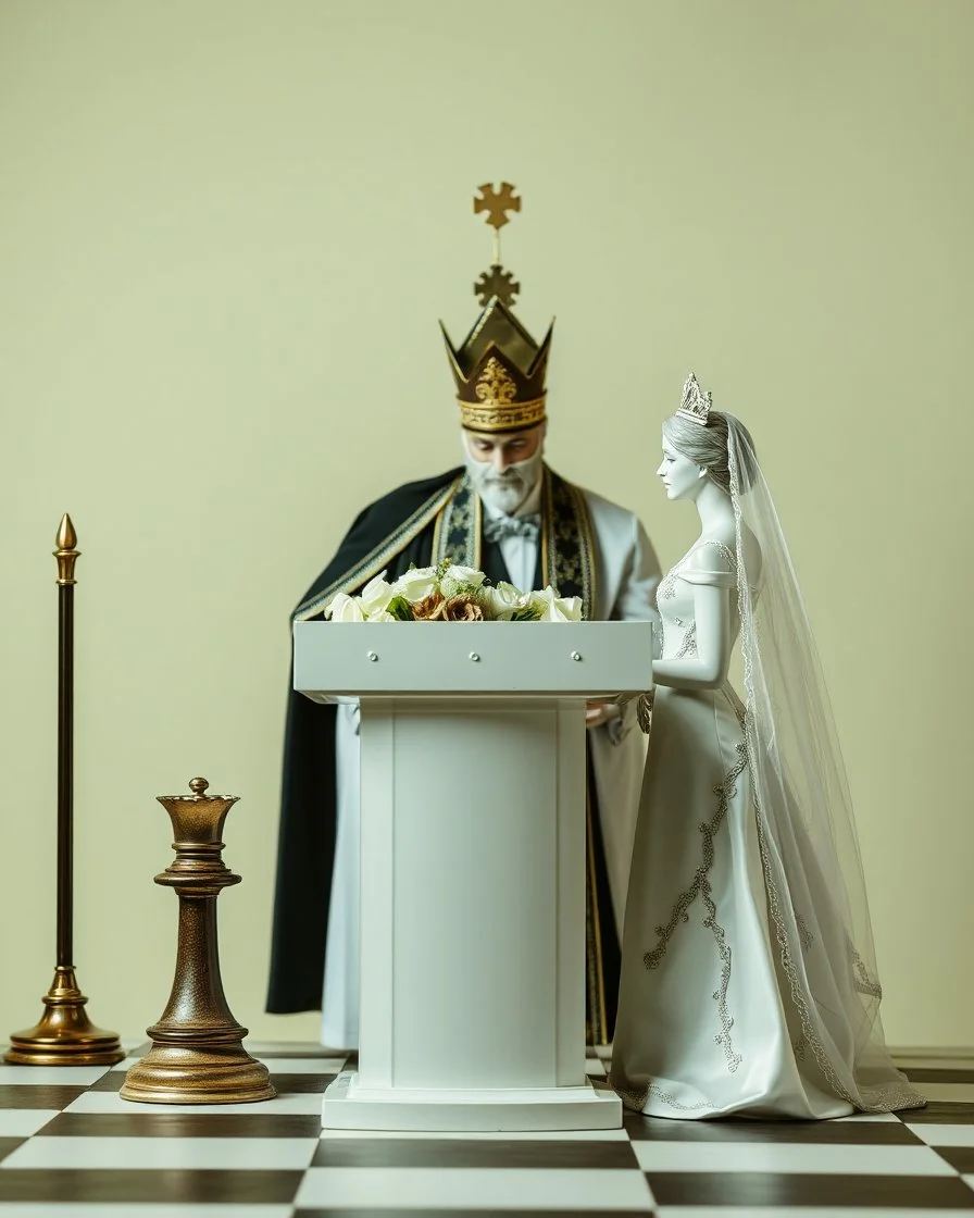 a chess bishop behind a wedding podium, with a chess king and chees queen getting married