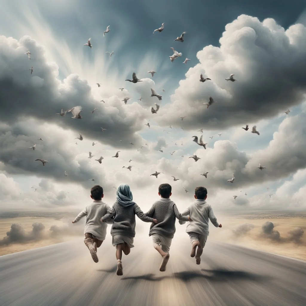 Hyper Realistic Aerial Back View Of 16 Palestinian Children (Male Female Both Palestinian Children Wearing Keffiyeh Fabric Whirling) Happily Running On Cloudy Road Towards Heaven On Sky With White Clouds Around The Children At Cloudy-Day Environment Showing Dramatic & Cinematic Ambiance.