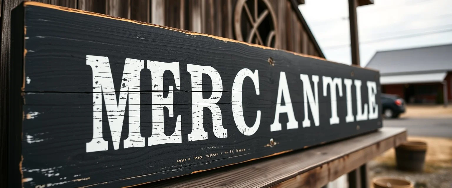 fill composition with large and wide historical hand painted old western sign that reads: "MERCANTILE" white on black with inset white stripe boarder aged paint on wood sanserif