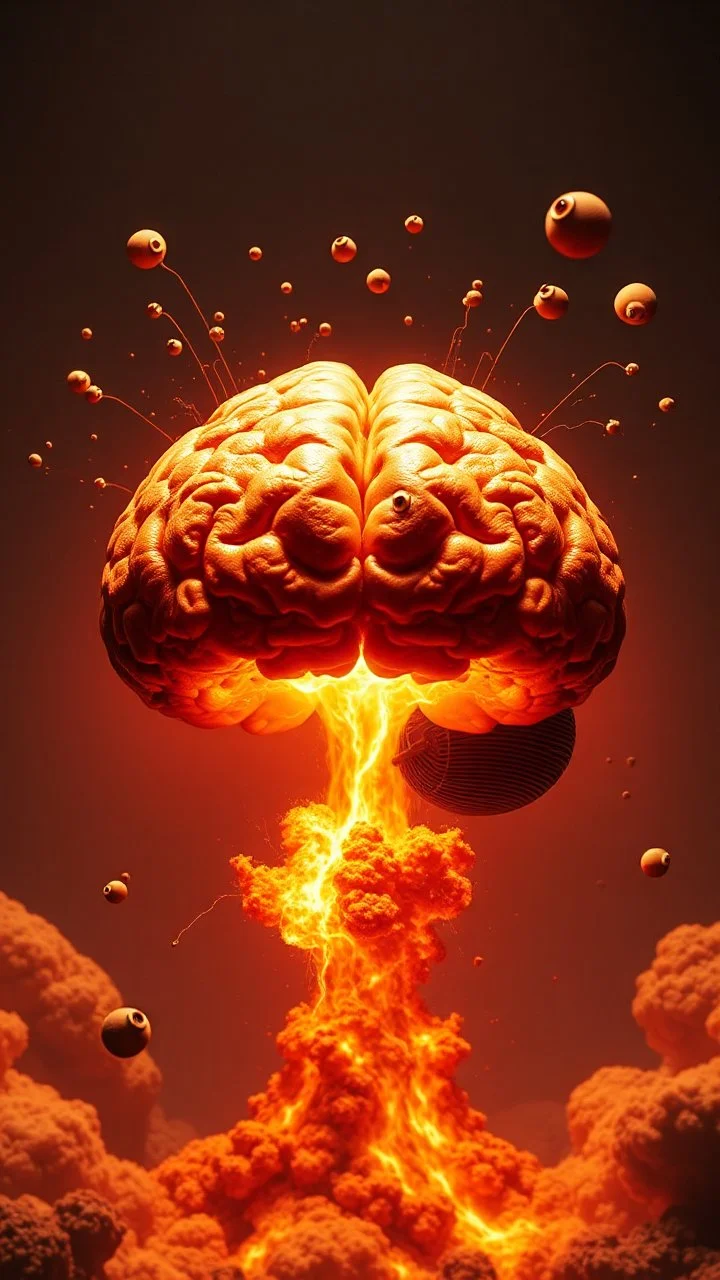 a human brain and eyes floating and crossed with a nuclear explosion