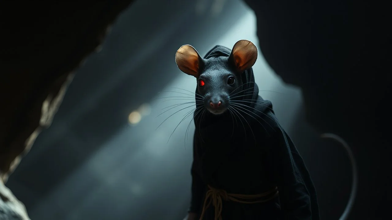 the yoga rat man, bigblack iris eyes with white glints, ou’re looking at someone who doesn’t just walk into shadows—they belong to them. The black robes cling like a second skin, the belt tied tight with gold thread that catches the light only when he moves. His face is wrapped, but not hidden—his eyes glow like embers, red and steady, as if he’s already seen what waits inside the cave. The tail curls behind him, not in fear, but in readiness. He doesn’t need a torch, because the darkness
