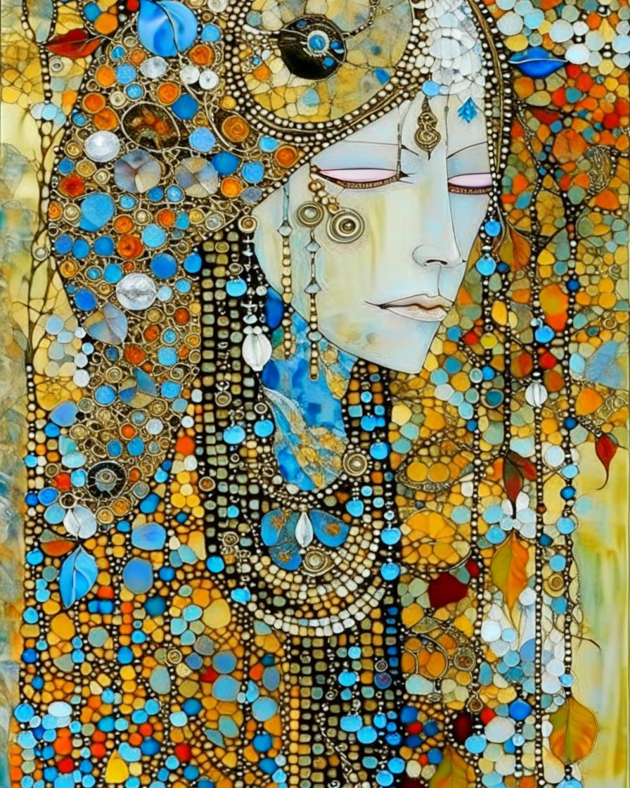 Mixed media painting "Hetairas in the autumn ". Acrylic, ink and sunken relief. Original oil painting by Margaret Macdonald Mackintosh. Style Edouard Vuillard. silver and full-colour illustration. Drifting, gouache with beads, sequins, and gold. in icy cool blues, aquas, warm siennas and ochres, Zentangle, Mosaik, patchwork