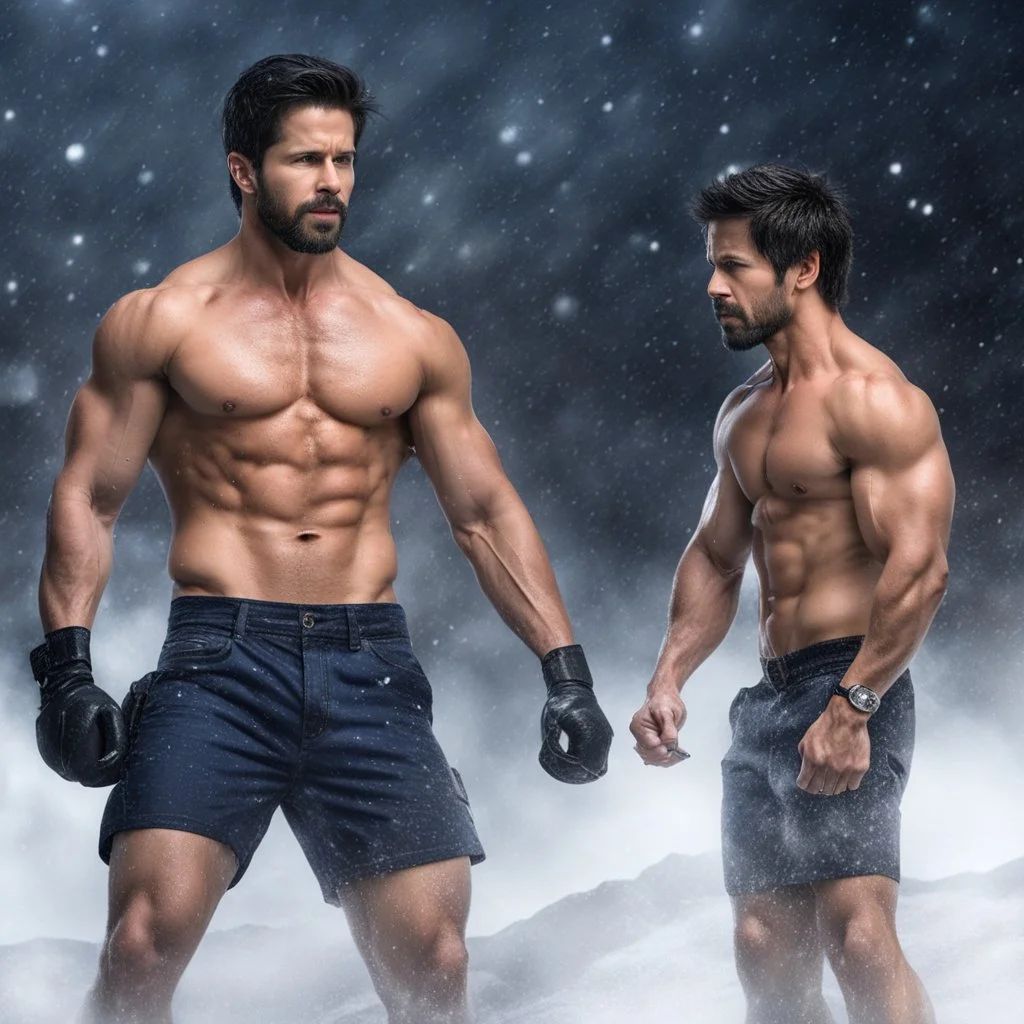 Hyper realistic shirtless muscular shahid kapoor & Mark Wahlberg at snowfall night