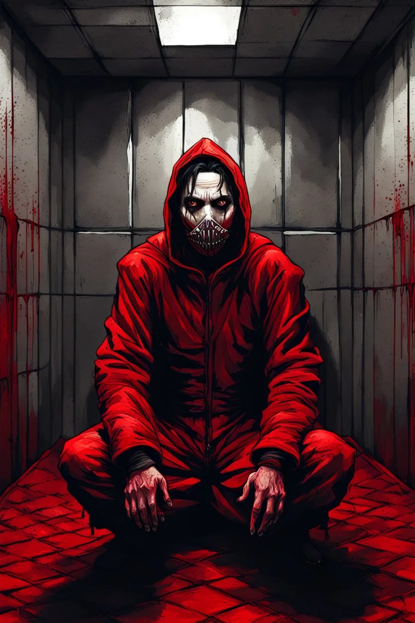 A scary gothic person sits quietly in the middle of a soundproof, padded room conveying intense dramatic emotions in a muted environment, wearing a bright red straitjacket , a mask to cover the mouth area of cannibal evil scary, dark and gothic look, cold eyes, eary ultra detailed,.32k, digital art style with messy paint, hardened sealer appearance, impasto, dramatic Arial view with explosive chaotic background