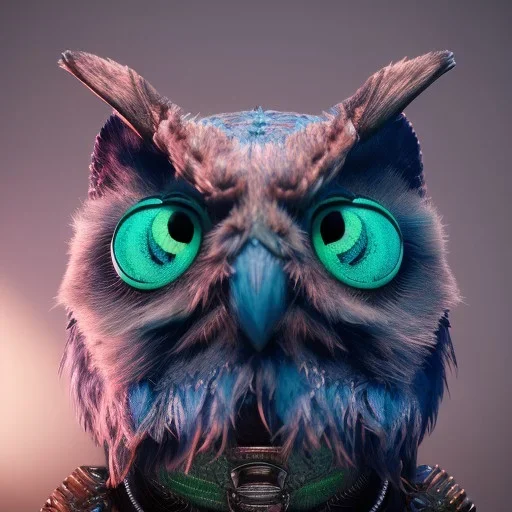 Anthropomorphic blue owl, big green eyes, lots of details, portrait, finely detailed armor, cinematic lighting, intricate filigree metal design, 8k, unreal engine, octane render, realistic, redshift render