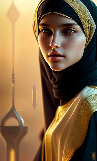 Arab teen girl , cute, beautiful, long hair, wavy hair, black eyes, She wears an Arab abaya، head and shoulders portrait, cinematic, 8k, resolution concept art portrait by Greg Rutkowski, Artgerm, WLOP, Alphonse Mucha dynamic lighting hyperdetailed intricately detailed