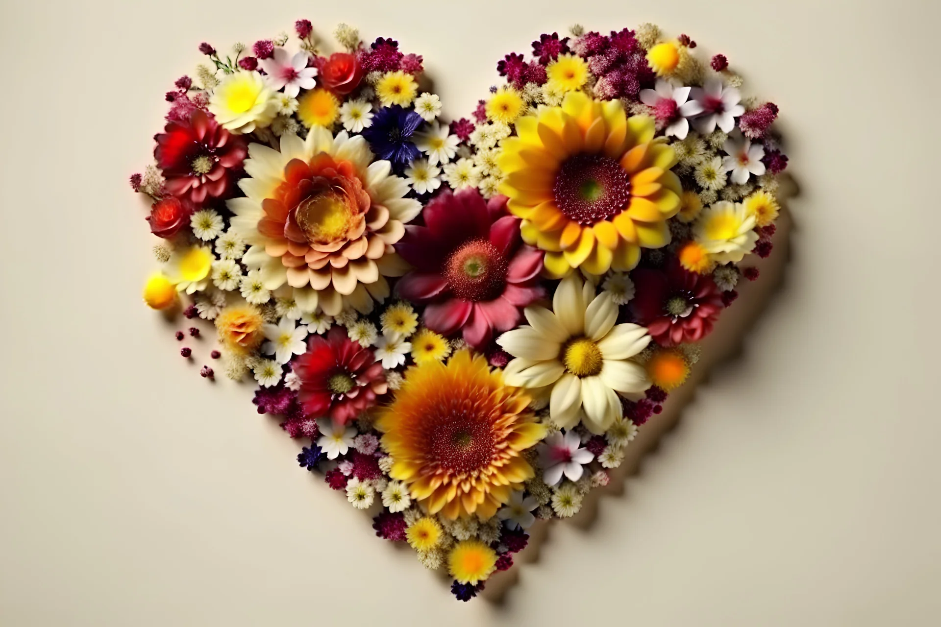 heart shape out of realistic autumn and winter flowers on nice background