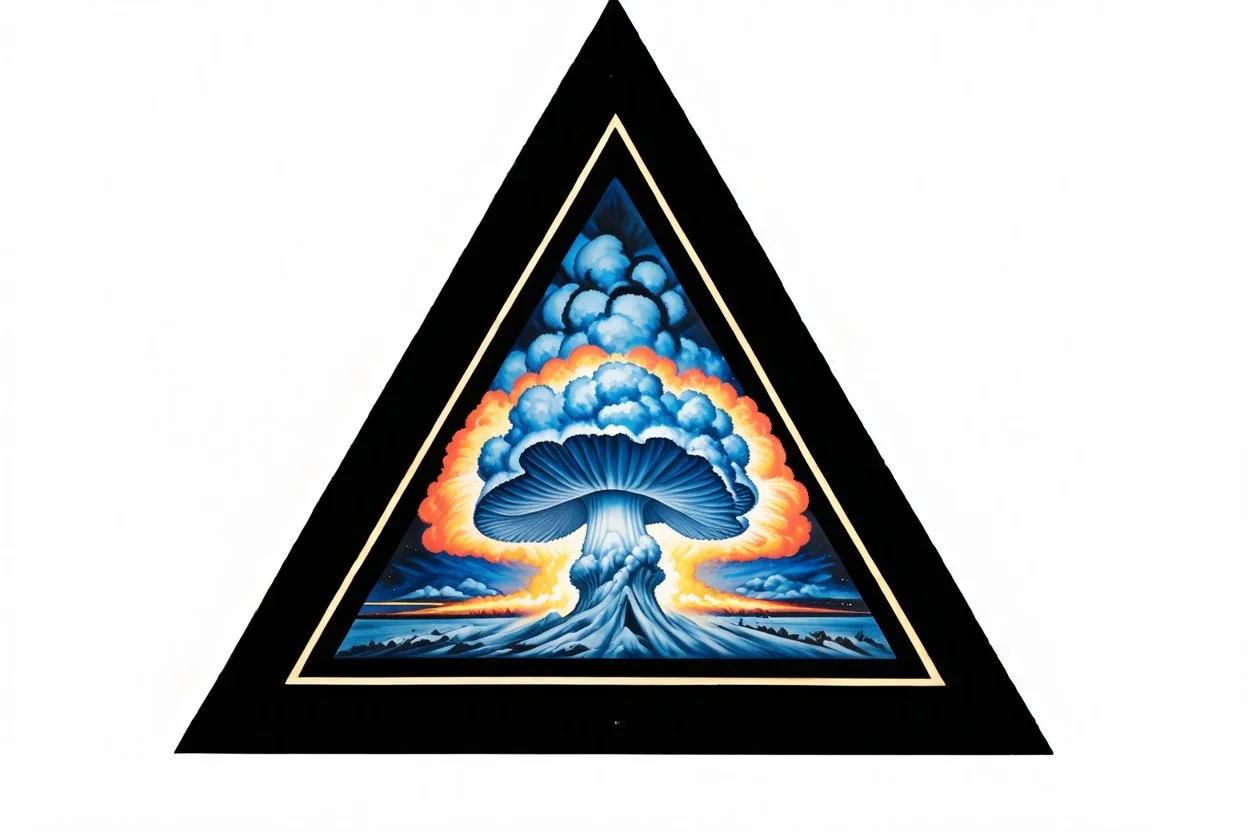 a blue nuclear explosion mushroom cloud behind an omega like shape, inside an equilateral triangle, radiant lines, oil painting