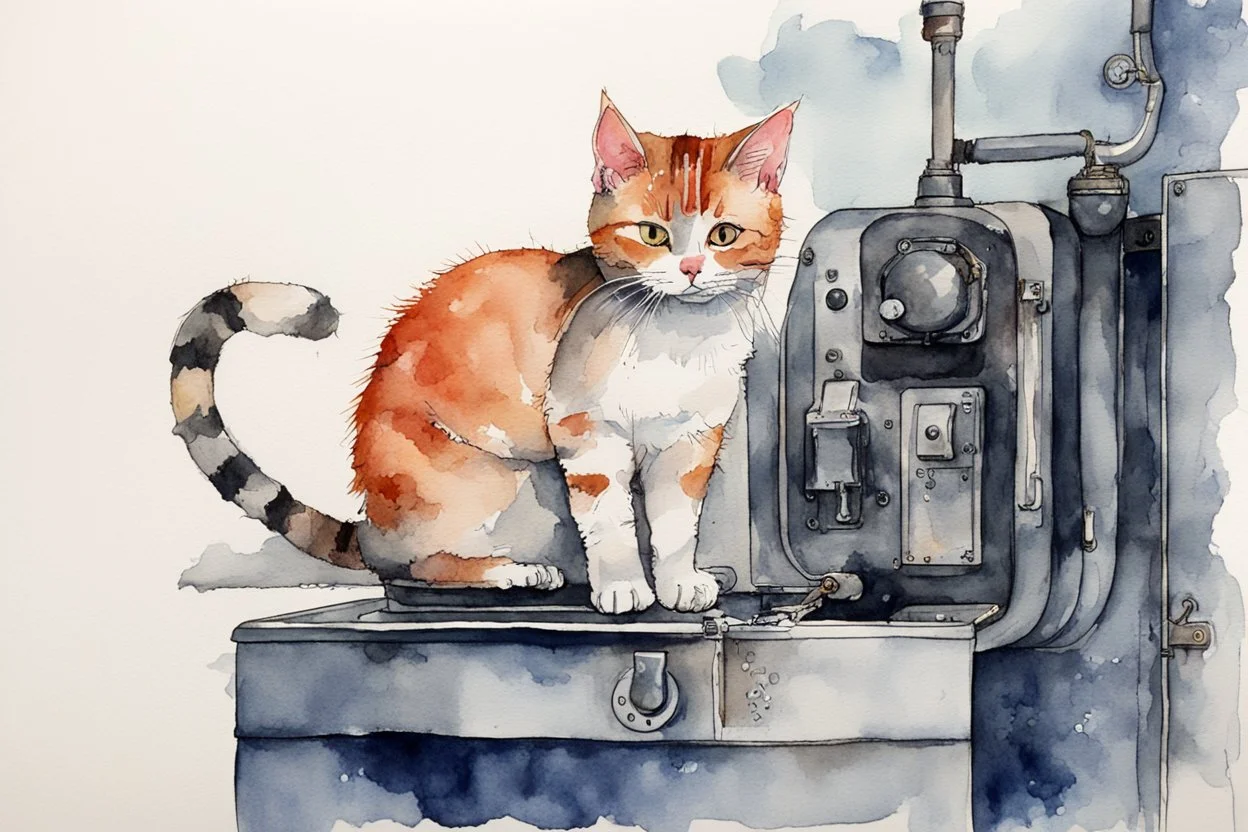 Cat on the boiler in the bathroom, watercolor and ink