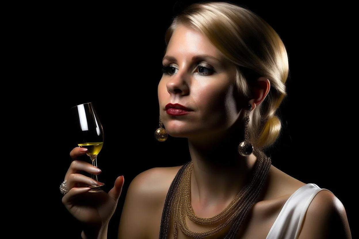 Mujer bebiendo de una copa de champán. Su rostro se asoma por el lado derecho de la imagen, llevan collar de oro, pulsera de oro y pendientes de oro, es rubia con el pelo peinado hacia atrás. Fondo negro muy difuminado Fotografía realizada con una cámara Leica y con objetivo de 50 mm