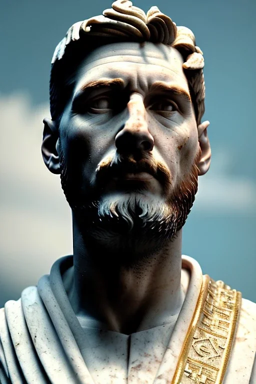 Ultra Realistic image, roman sculpture, white marble material, Lionel Messi, gold Laurel crown, miguel angel style, chisel style, emperor, waist up portrait, epic, celestial style, cinematic lighting, God light, god rays, 4k resolution, smooth details, ornate details, soft lighting, unreal engine 5, sky and clouds background.