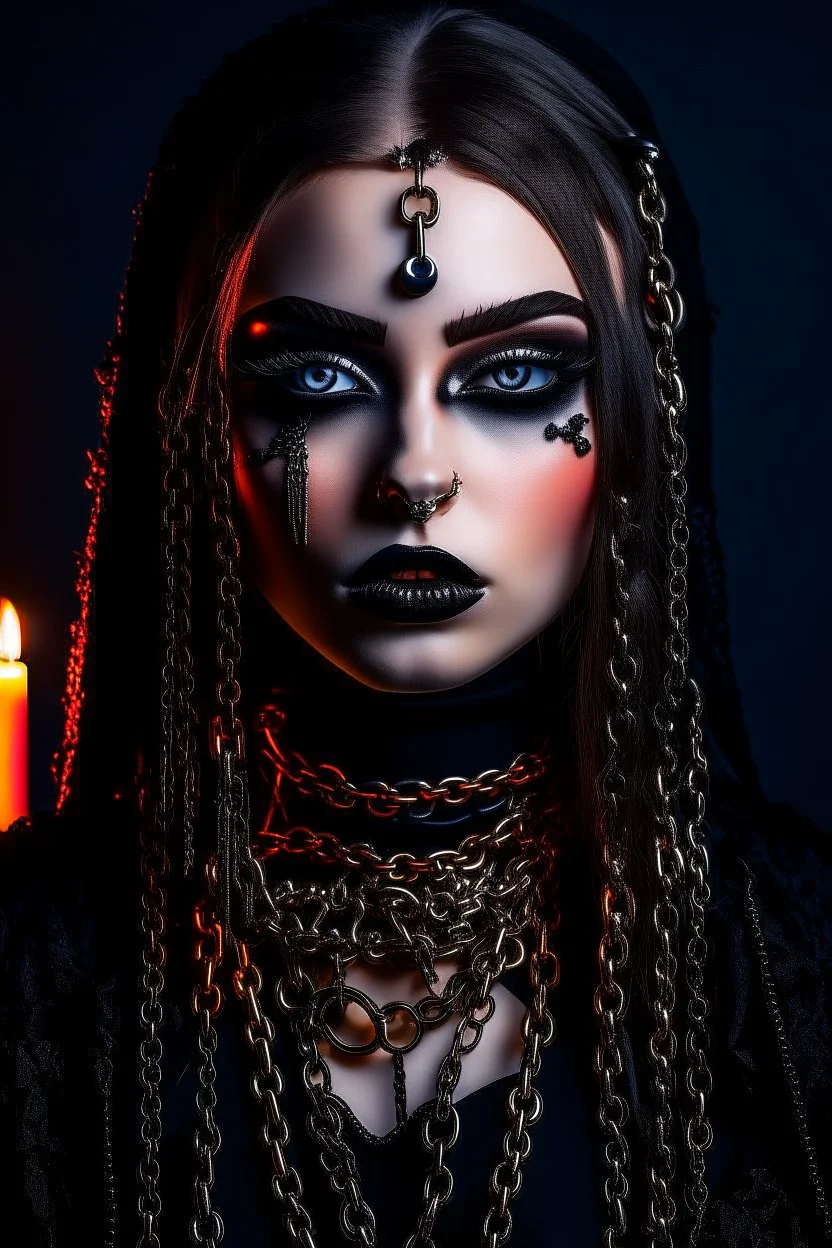 minimalism,amazingly beautiful fashion gothic girl black makeup closeup portrait covered in black lathered custom and heavy metal style , charm chains and candles in the background