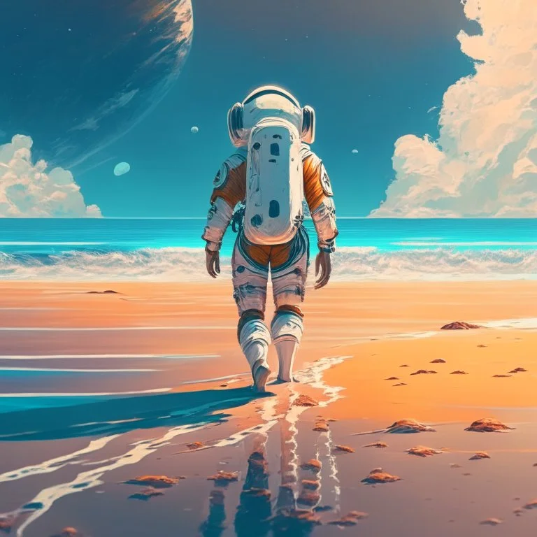 An astronaut walking on the beach of a beautiful sea, digital art, anime style, 4k, full details, high resolution