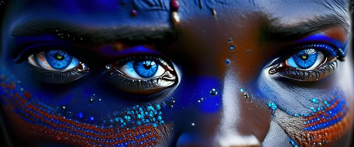 Extreme closeups of Wolof people. Their eyes glow with gemstone colors and reflect Cobalt Infinity, –v6