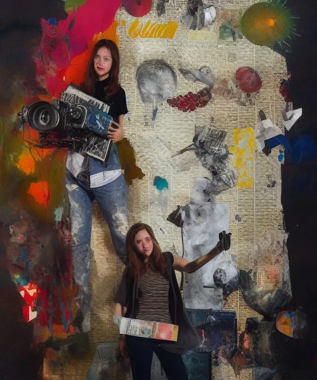 happy beautiful girl holding big proffesional camera in studio. street art, oil on canvas, spray paint, collage, letters, newspapeers, Dave McKean, Vladimir Fedotko, Saturno Butto, Vaughn Bodé, Frank Wu, James C. Christensen, collage, dirty, paint dripping, radiant