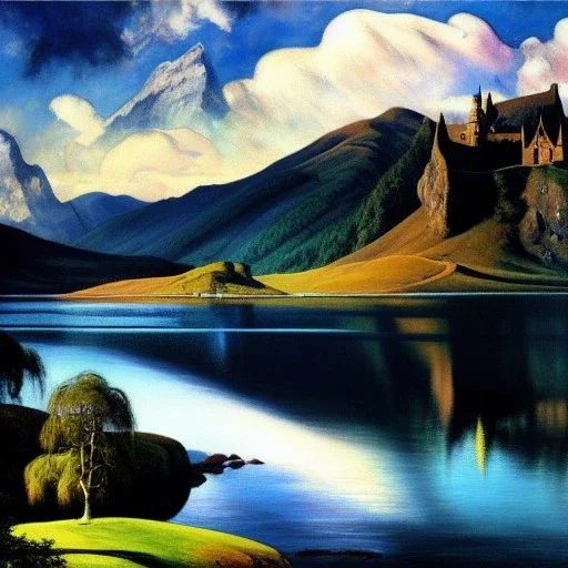 Drawing of 'Castle,mountain,lake,cloudy,scotland'painting by Earl Norem, simon Bisley,frazetta,西嘛哒, evan lee, Vallejo,kelly,Paul Gauguin oil on canvas, cinematic composition, extreme detail,fit full head inside picture,8k