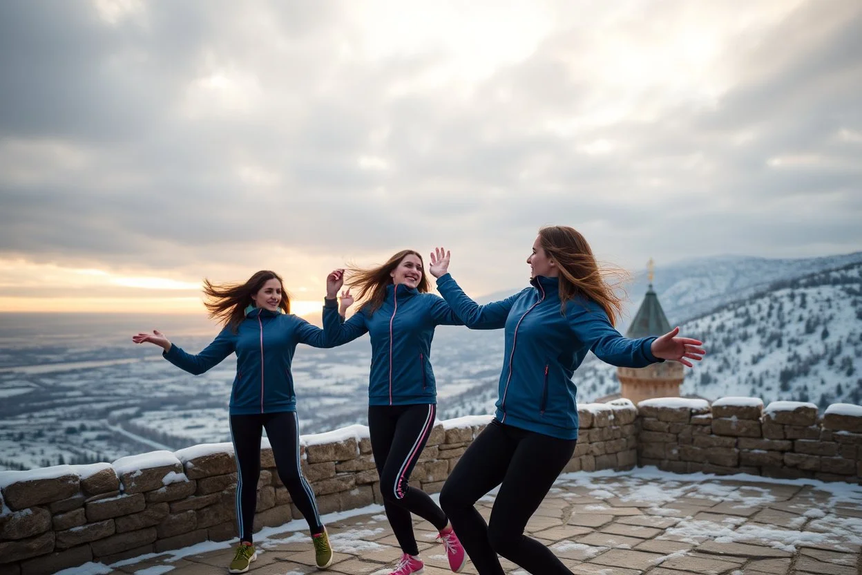 a group of Turkish young ladys in sports pants and blouse winter jacket are dancing in Babak Castle in Iran west north ,cloudy sun set sky,snowy environment