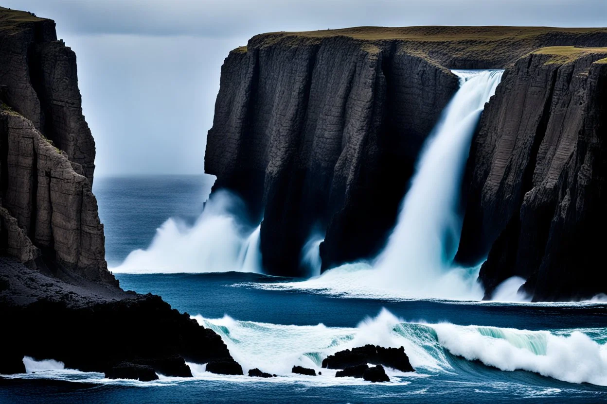 massive intimidating rock cliffs ascend all around and further up out of view. far below, the stormy ocean swirls intimidatingly. The ocean water falls off a waterfall down into a circular pit