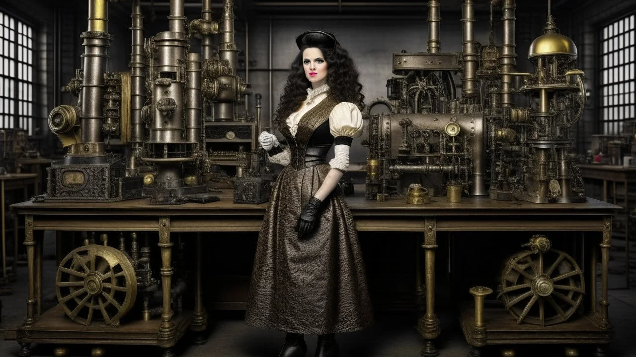 woman with dark wavy hair, with detailed metallic legs and arms, dressed like a Victorian, in a laboratory full of small machines