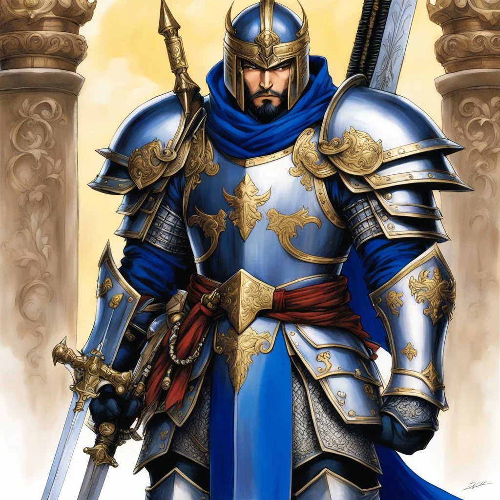 (in the style of Orion, by Masamune Shirow) a paladin knight with his plate armour and his two handed zweihander sword, ready for a blessing