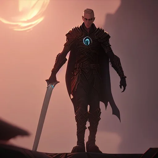 Sauron, the mighty lord of darkness, standing on a rock in the dark land of Mordor, a super-hero man of infinite power and technology of the galactic race, with a great army, a large moon disk behind him, and a fiery sword in his hand