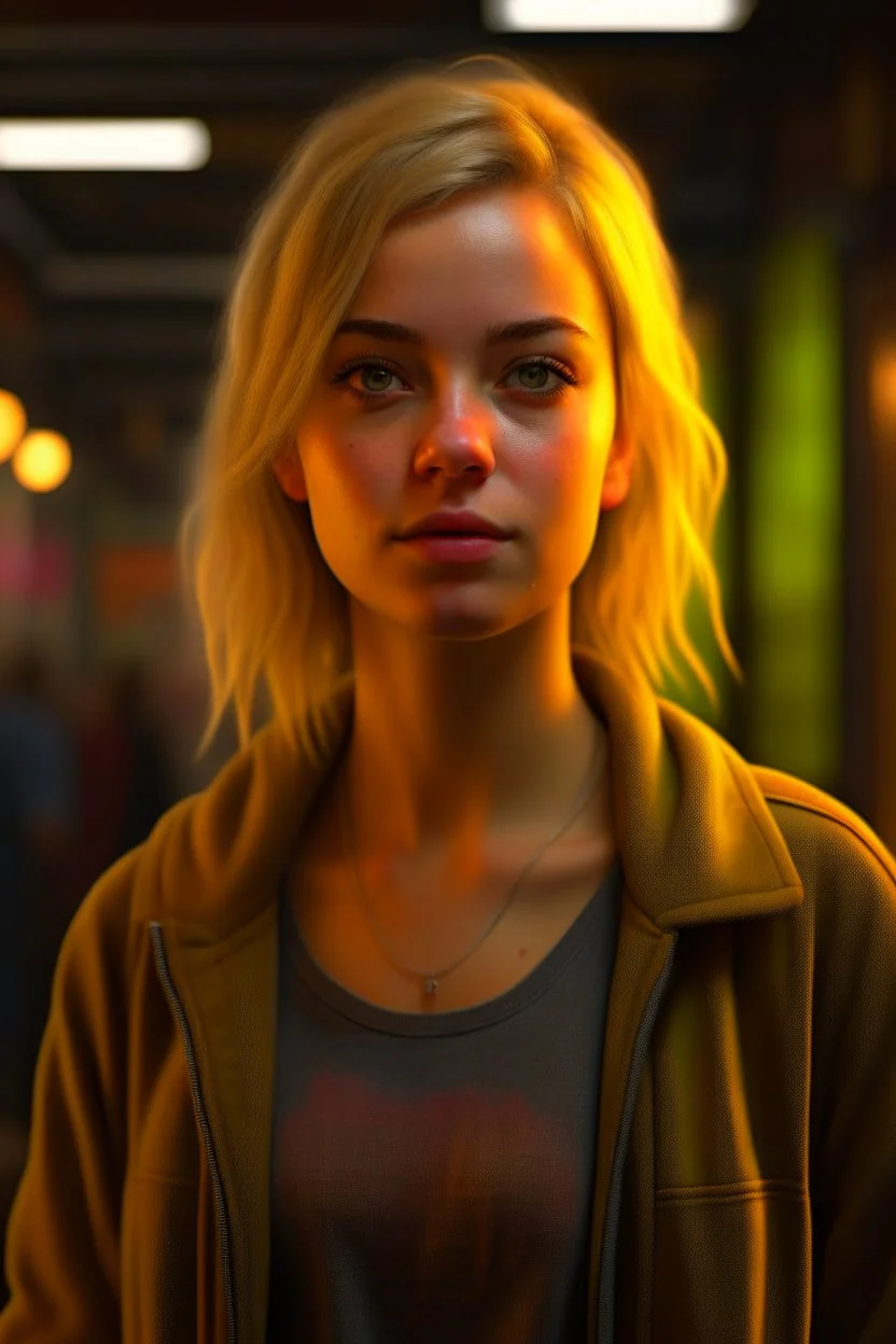 new york underground, a cute blonde latino female chat robot that stares at us like we are the prettiest demons she has ever seen, its such a perfect day, motion blur, smoke, 8k, downlight, soft light, depth of field, photorealism, trending on art station, lotsa detail