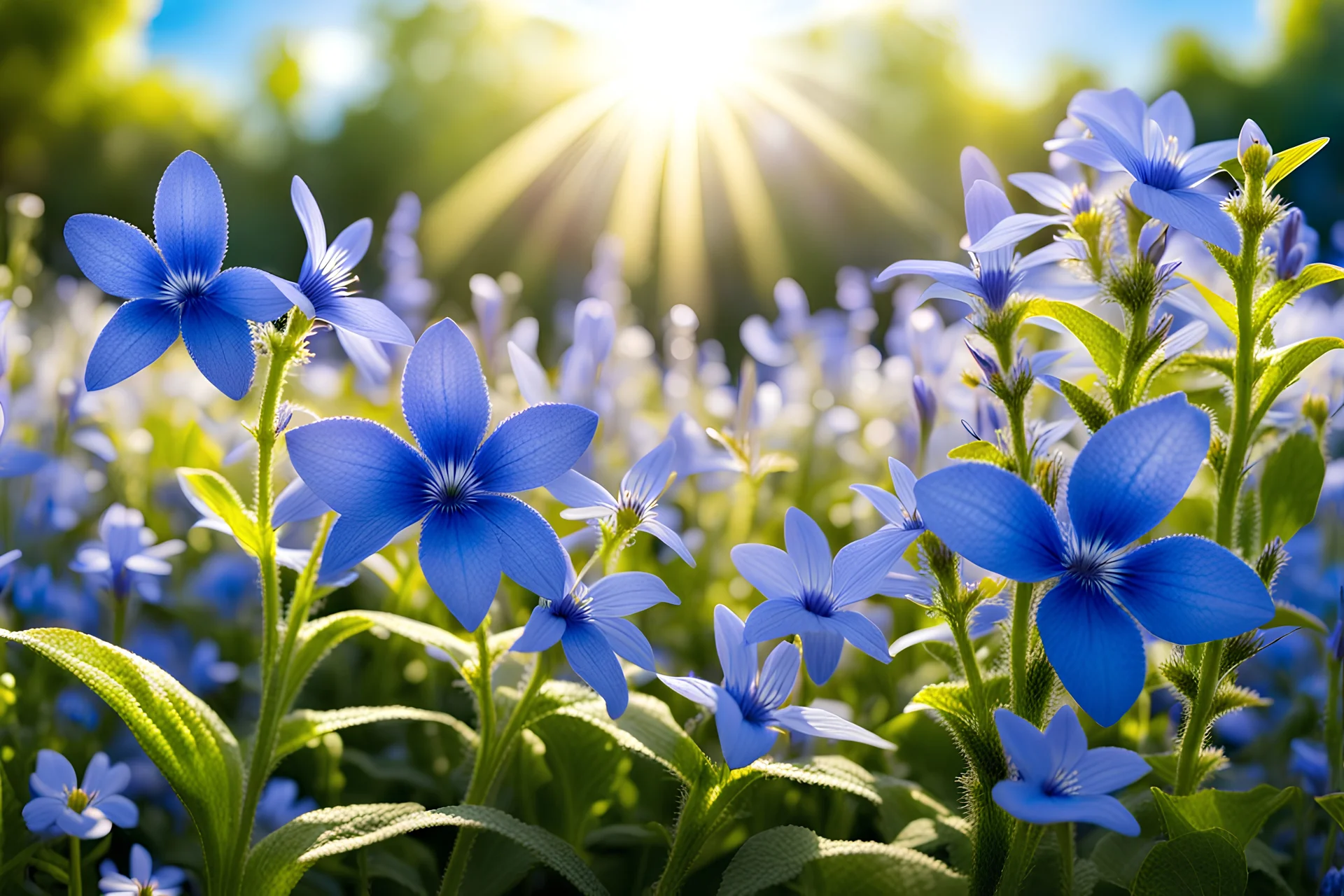 Magic garden with lobelia, blue flowers, parma or blue light effects colors, sunny rays, realistic, lobelia flowers around, highly detailed, high contrast, 8k, high definition, concept art, sharp focus