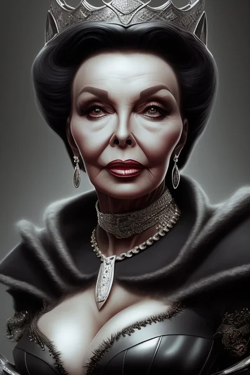 Joan Collins as evil queen in black leather, leather, busty, cleavage, angry, stern look. character design by cory loftis, fenghua zhong, ryohei hase, ismail inceoglu and ruan jia. unreal engine 5, artistic lighting, highly detailed, photorealistic, fantasy