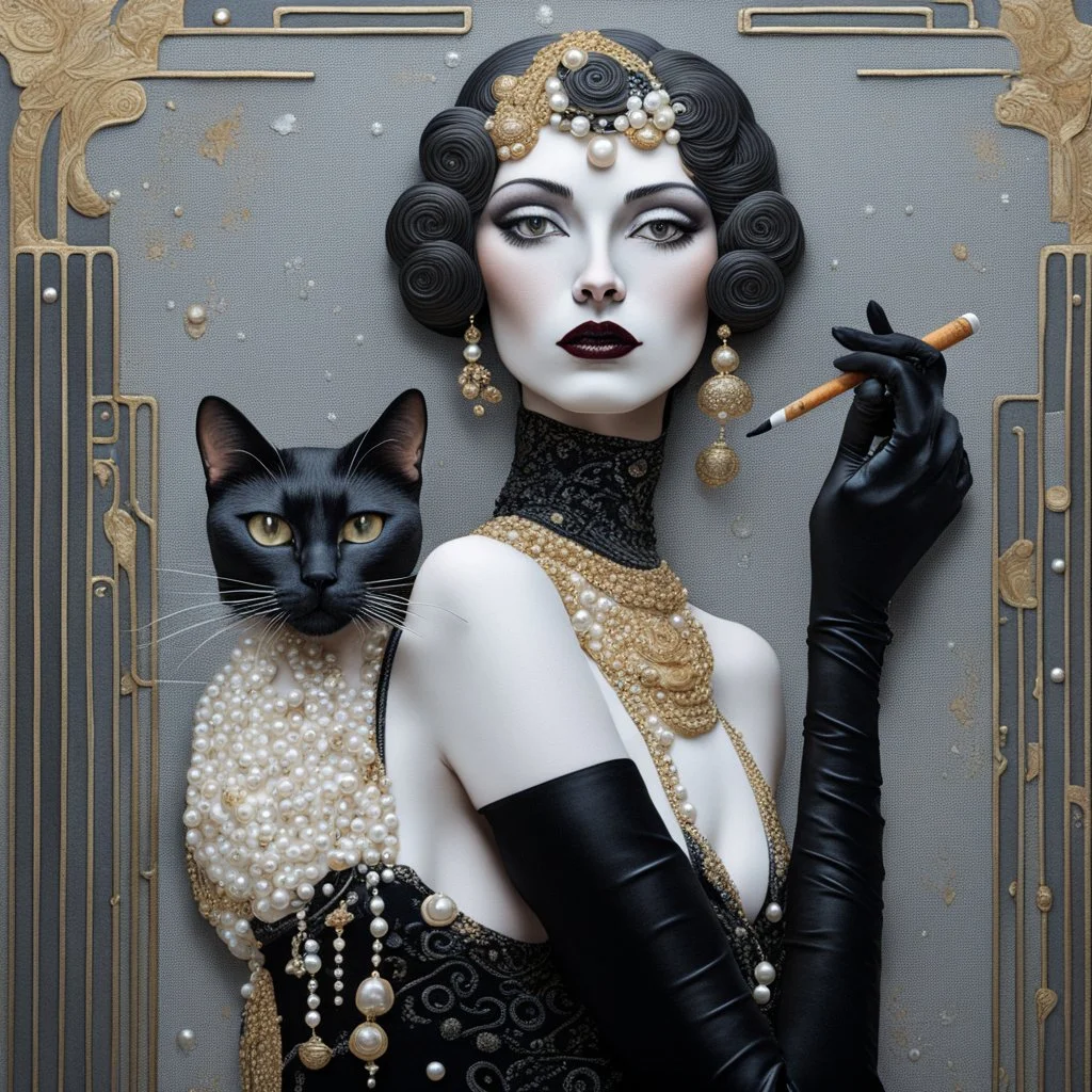 Mixed media, a tall beautiful woman with the head of a Siamese cat, wearing a black dress with pearls and long black gloves, she is holding a cigarette in a cigarette holder, background in the style of art deco Klimt, George Barbier, 3d, Bas relief, encaustic, gold leaf accents.