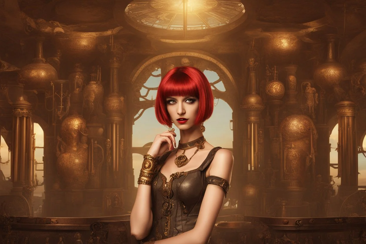 a skinny Cleopatra, with a bob red hairstyle, standing in a steampunk setting.