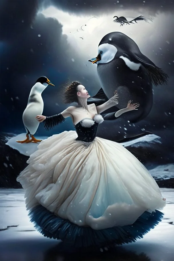 A human princess in a ball gown, dancing with a penguin, while in Antarctica while it storms in the background