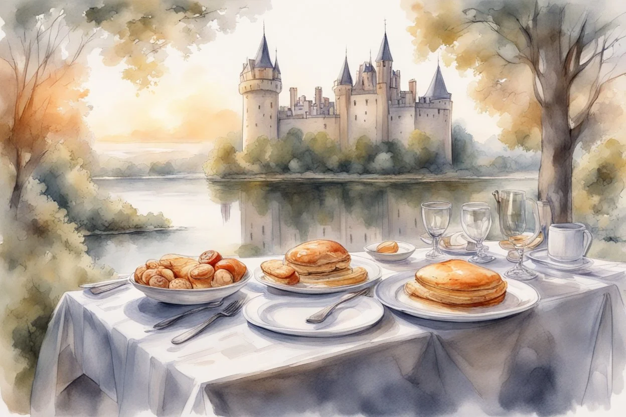 Brunch breakfast on an elegant table in the garden in the background, Castle on the Loire, lake, reflection, sunrise, Misty morning smooth intricate high definition beautiful lighting pencil sketch, marker pen strokes, watercolor polished warm light