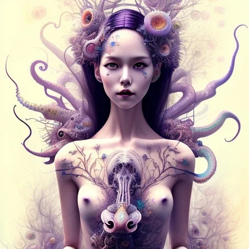  doll up, latex suit, full body, squid, intricate detail ,Asian woman, leaning pose, watercolor illustration by <agnes cecile> butterflies everywhere, skulls, centipede, insects, nest, octopus, fly, squid, multiple eyes everywhere, Dryad, plants, wildflower,